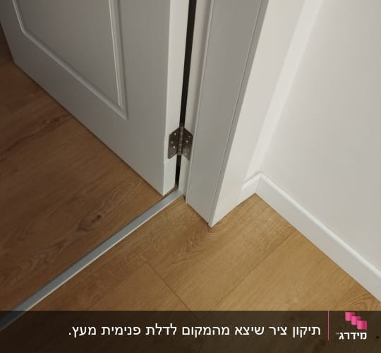 דלת לבנה עם ציר מתכת על רצפת עץ